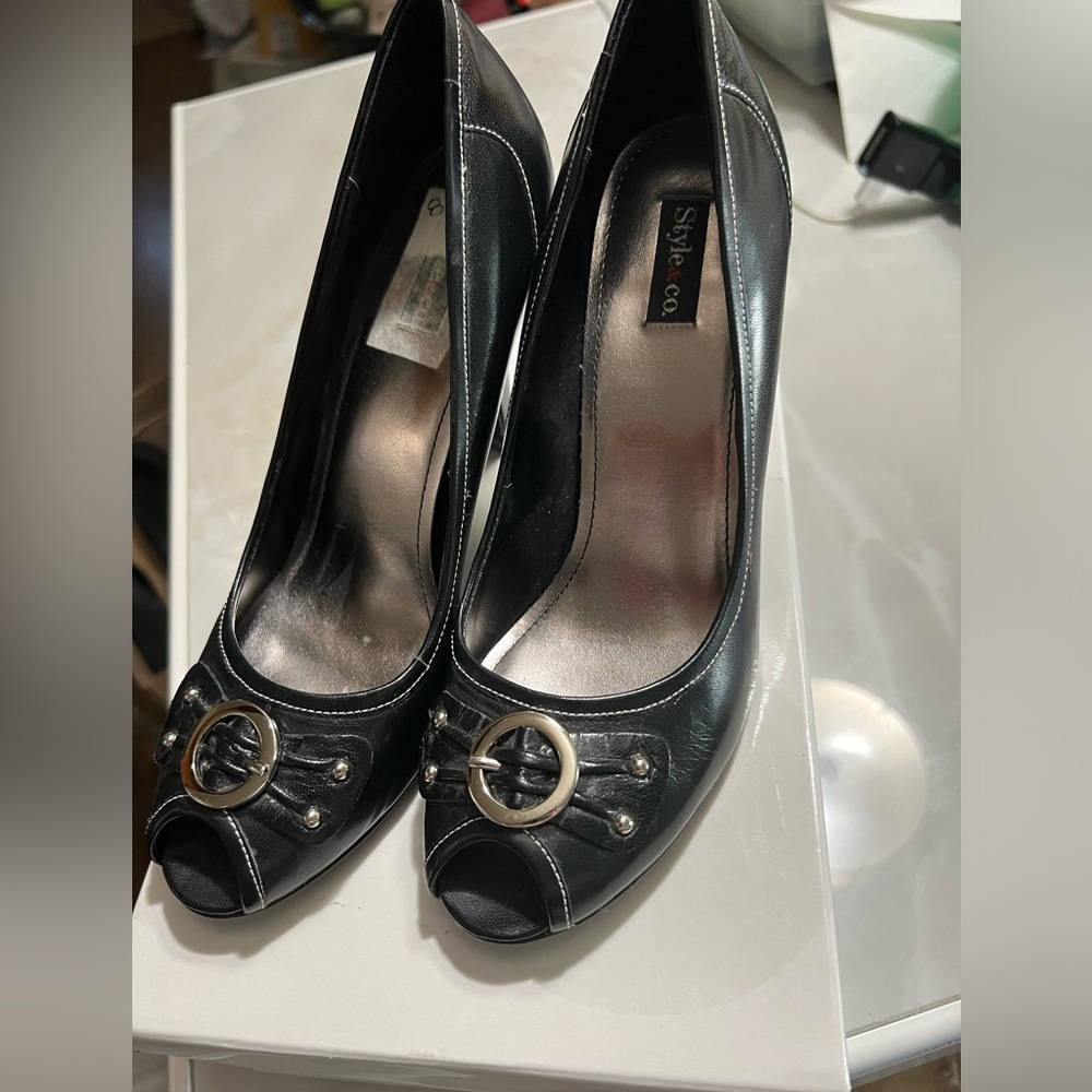 Style & Co. Kristellbk Black Peeptoe with Silver Buckle